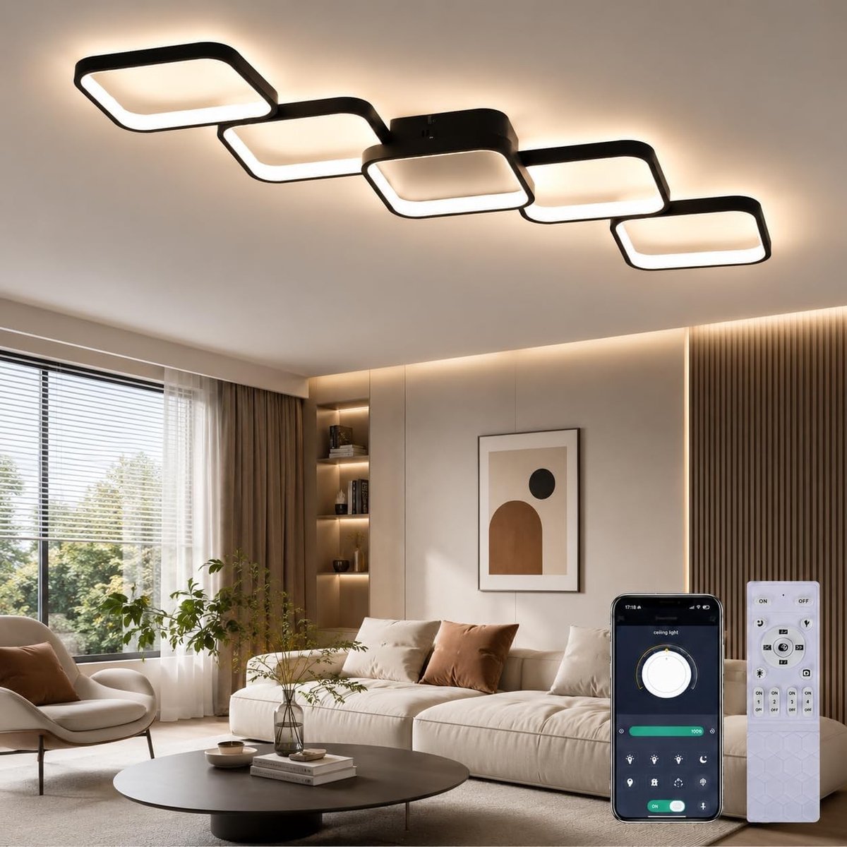 LED Plafondlamp - Zwart - 106 cm - Dimbaar met Afstandsbediening en App - Voor Woonkamer, Slaapkamer, Keuken