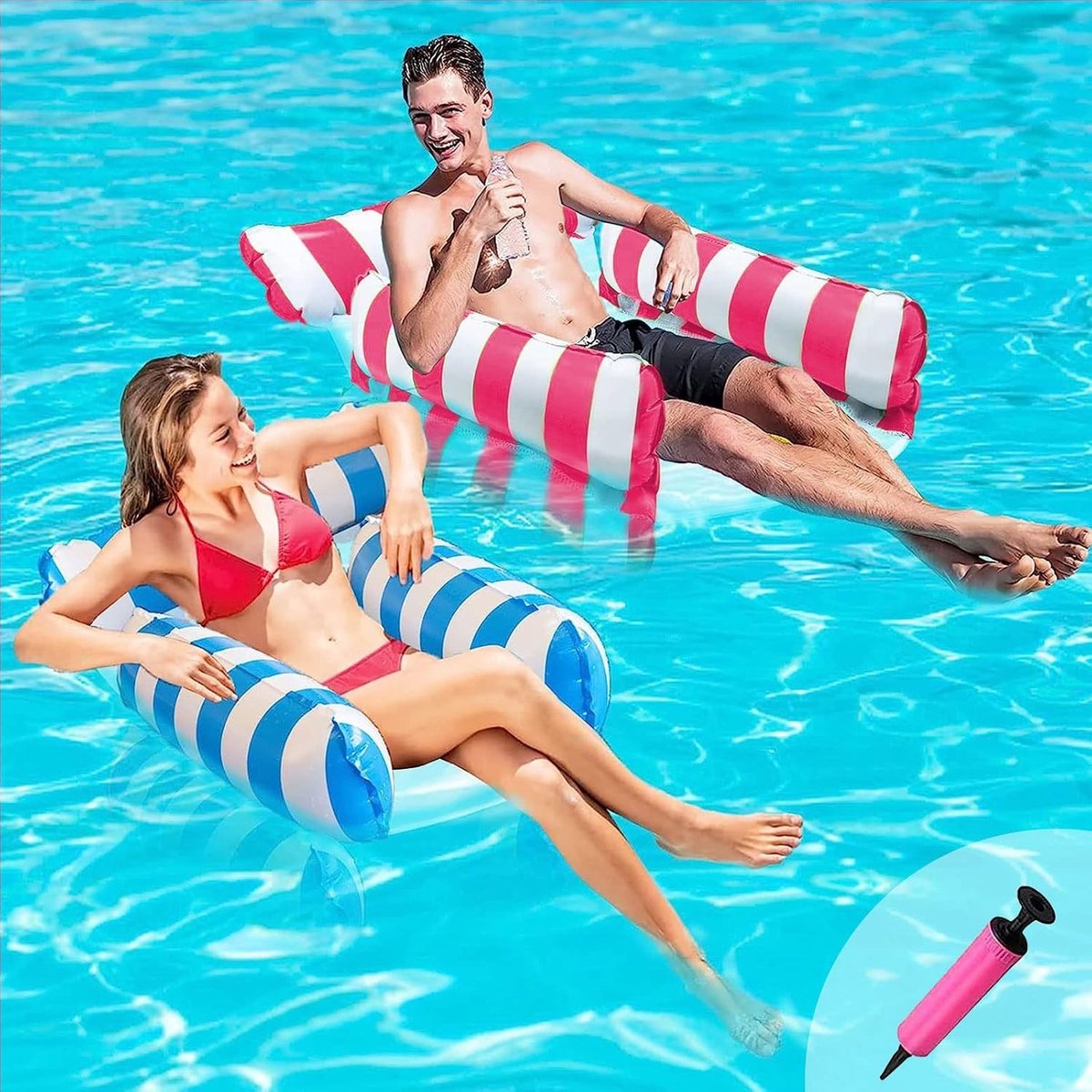Opblaasbare Hangmat voor Zee - Lichtblauw + Roze - 4-in-1 Opblaasbare Ligstoel - Voor Zwembad en Strand