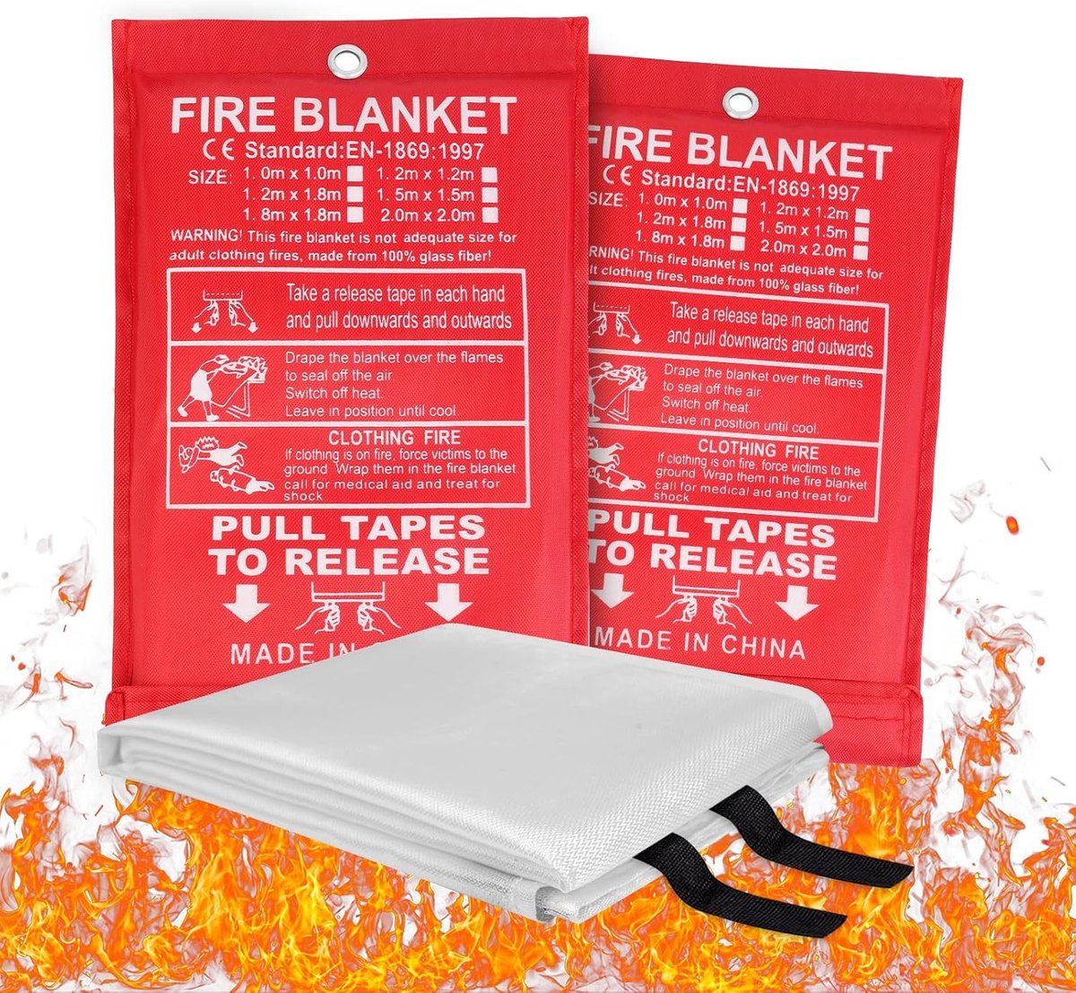 Set van 2 Branddeken 1m x 1m, Noodbranddeken voor Keuken, Vlamvertragende Glasvezel Branddekens voor Thuis, Kantoor en School
