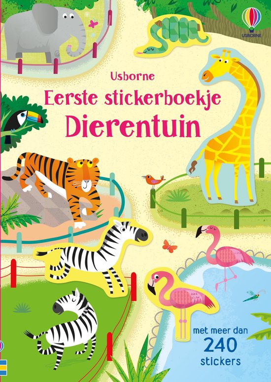 Livre intitulé 'Eerste stickerboekje Dierentuin' avec des images d'un éléphant, tigre, zèbre, girafe, flamants roses, tortue, toucan et papillons.
