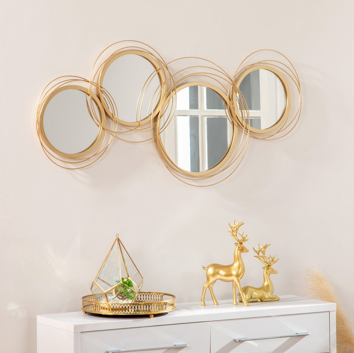 MIVRAY Spiegel-Set – 4-Delig Rond Ontwerp – 107 x 56 cm – Metaal – Goud – Wandspiegel Voor Woonkamer Slaapkamer En Eetkamer