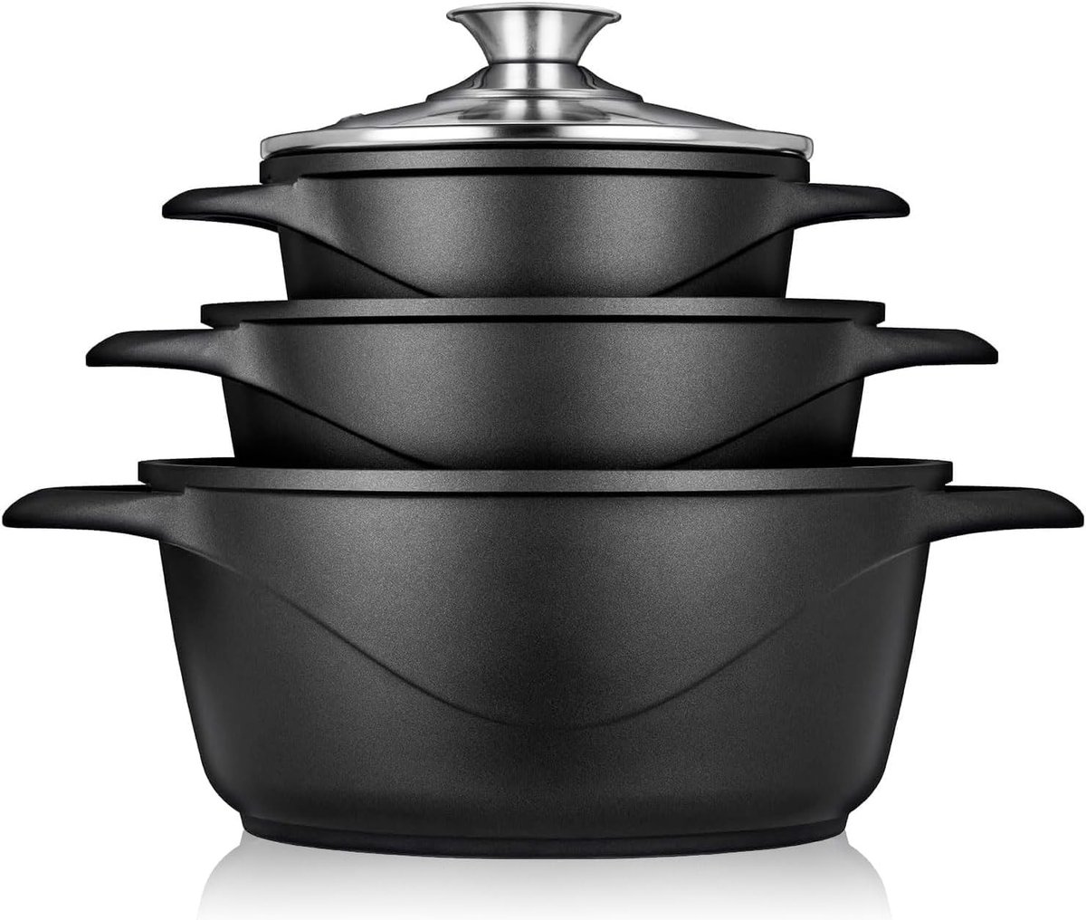 Inductie pannenset - Zilver - 6-delig - Gietaluminium met Antiaanbaklaag en Glazen Deksel - Voor Gezond Koken