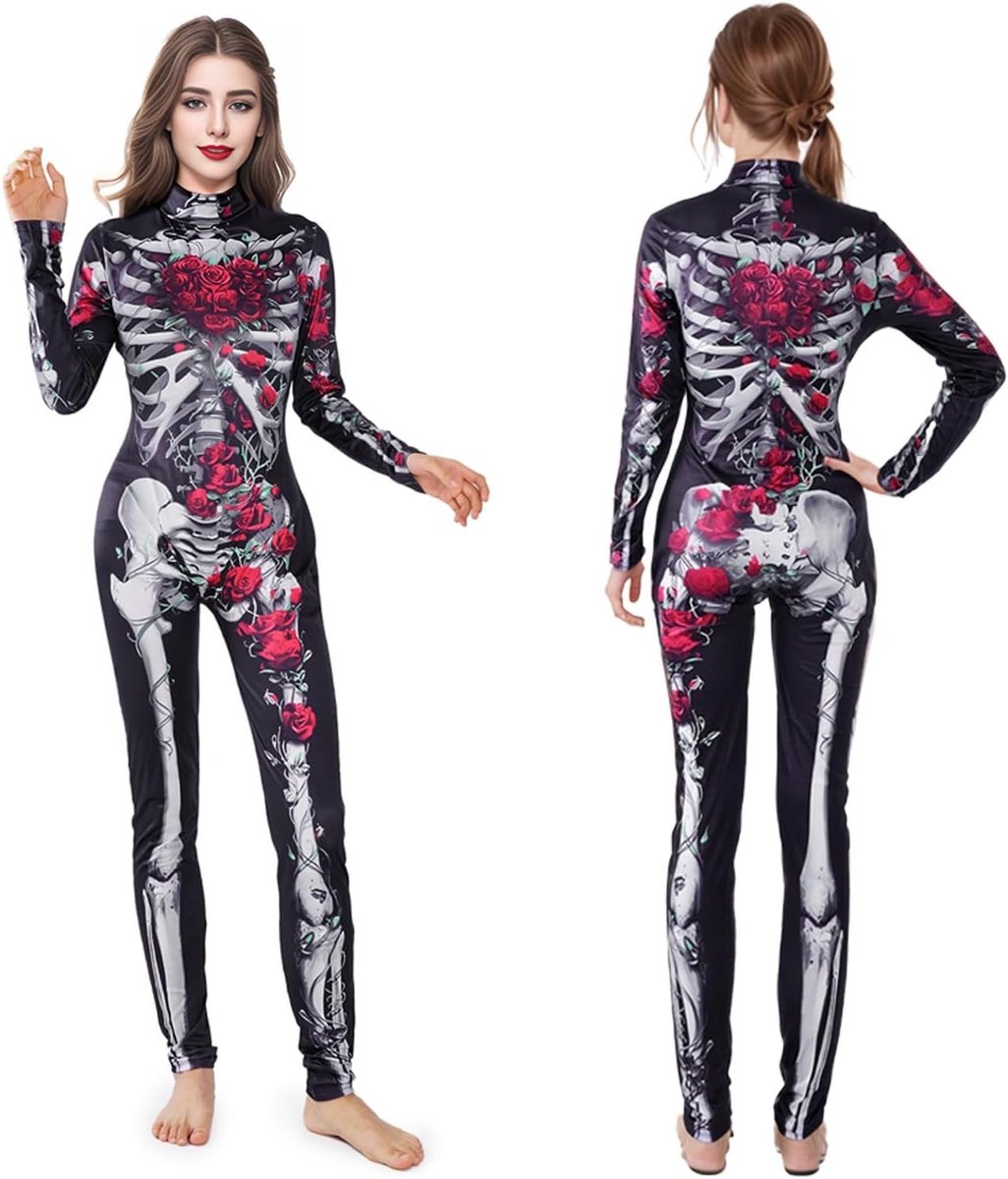 Vrouwelijk Halloween Skelet Kostuum voor Feestdagen, Carnaval en Halloween, Perfecte Outfit voor Dames