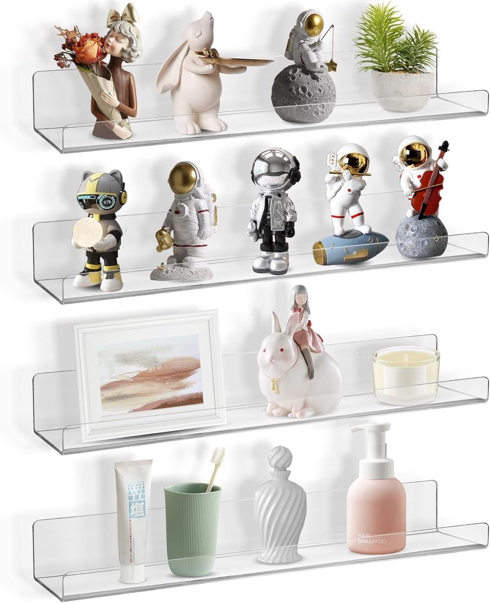 Acryl Wandplanken - 4 Stuks, 15 Inch Drijvende Planken voor Badkamer, Slaapkamer en Keuken, Transparant en Waterdicht voor Optimaal Ruimtegebruik