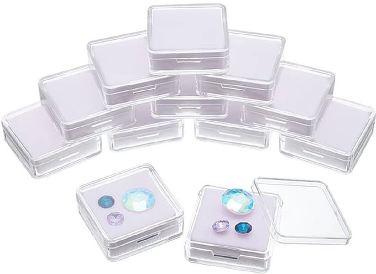 12 stuks edelstenen displaydoos, 4x4x1,5cm heldere vierkante acryl sieradendoosjes, diamanten showdoos met helder deksel en witte spons voor edelstenen munten