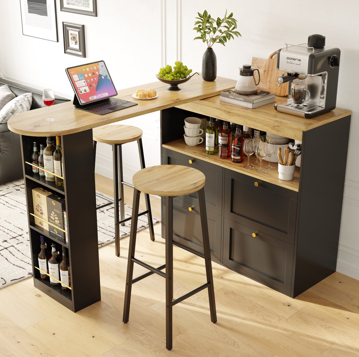 COVREO Barset, keuken eiland tafel 204x39x105 cm zwart metaal, 2 barkrukken