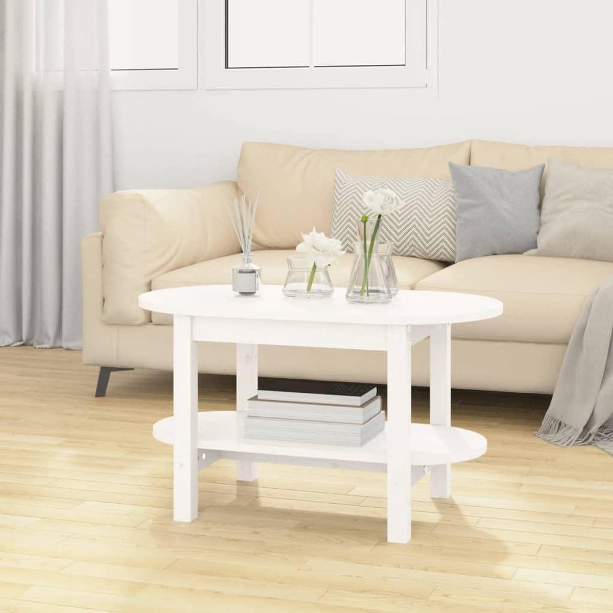 Salontafel Hout - Bijzettafel Woonkamer - Opbergen Decoratie - Massief Hout - 80x45x45 cm - Wit
