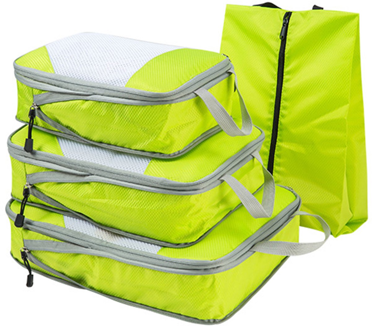 MODFU Compressiezakken voor Kleding – 4-delige Reis Set met 3 Cubes & 1 Schoenentas – Ruimtebesparend & Waterdicht – Oxford Stof – Groen – 38x28x4 cm
