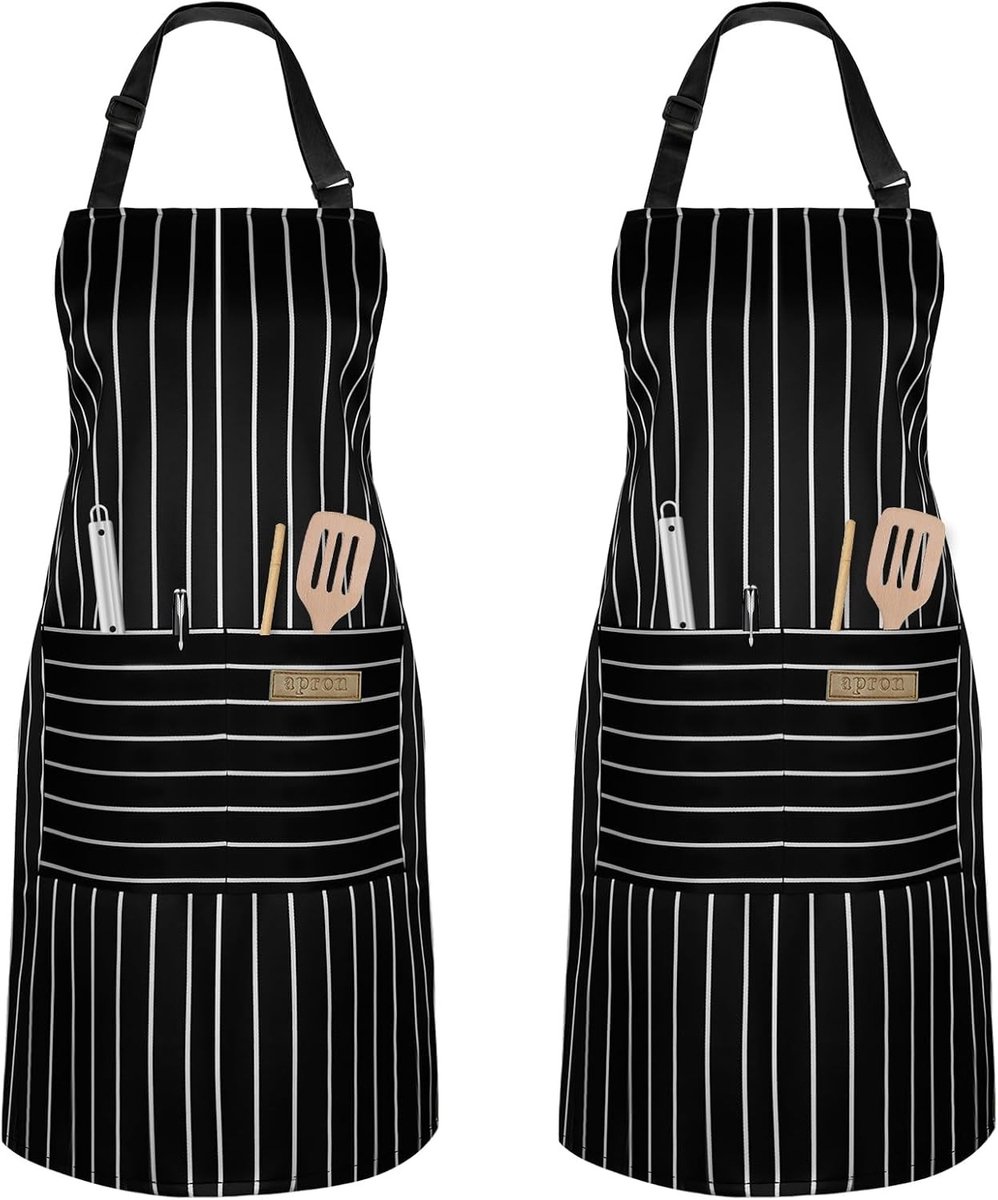 Waterdichte en Verstelbare Keuken Schort Set van 2, Met Pocket voor Koken en Tuinieren, Unisex Schorten voor Restaurant en Cafe, Zwart met Brede Strepen