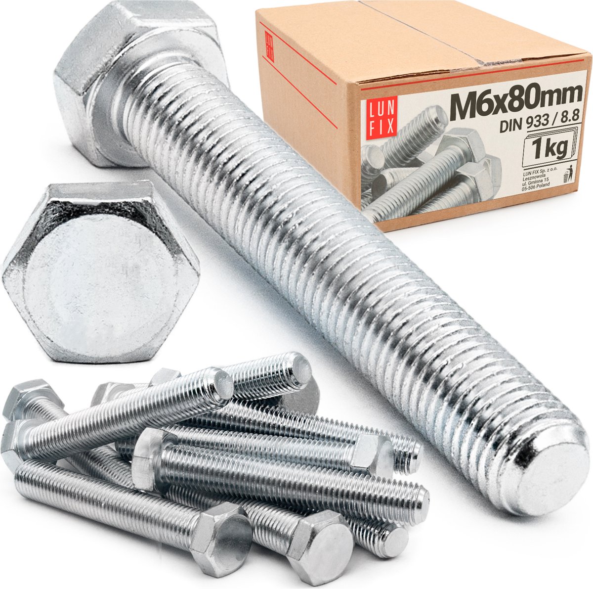 LUN FIX - Zeskantbout M6x80 verzinkt DIN 933 klasse 8.8 deeldraad - 1kg