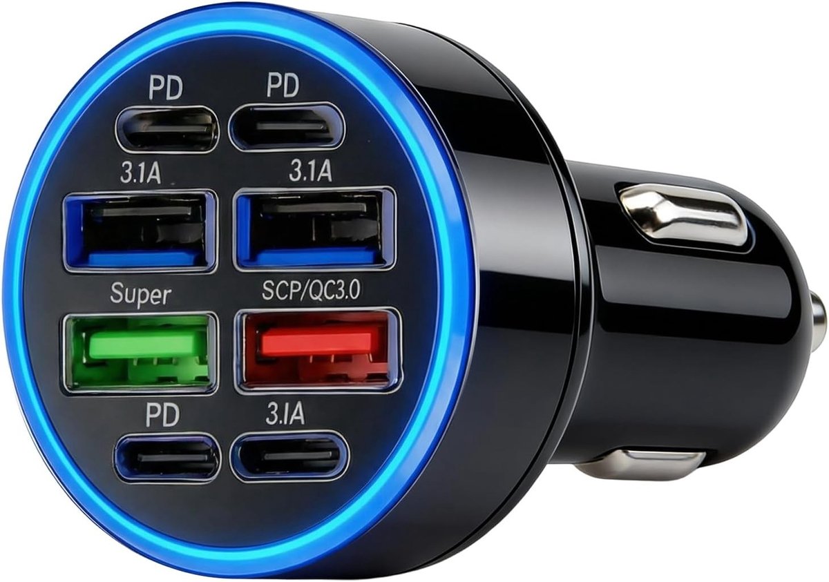 Auto-USB-oplader - Zwart - 8-poorts Sigarettenaanstekeradapter met Snellaadfunctie - Voor Smartphone en Tablet
