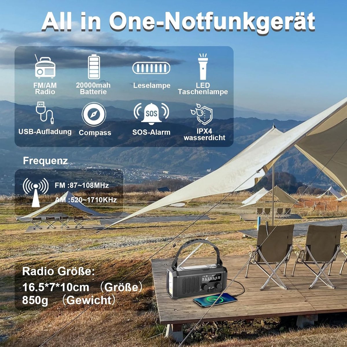 Noodradio solar en opwindbaar - Zwart - 20000mAh - Multifunctionele Noodradio met Kompas en SOS Alarm - Voor Outdoor en Noodsituaties