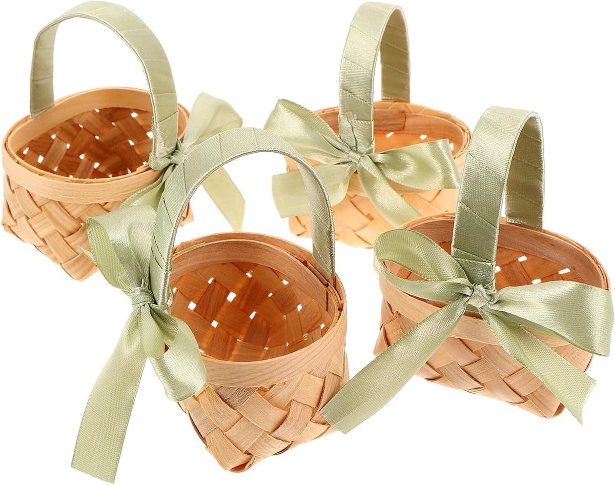 Mini Bamboemanden - Geweven Mandjes - Decoratie en Opslag - Handgeweven met Lint - 11x8x6.5cm - Multicolor