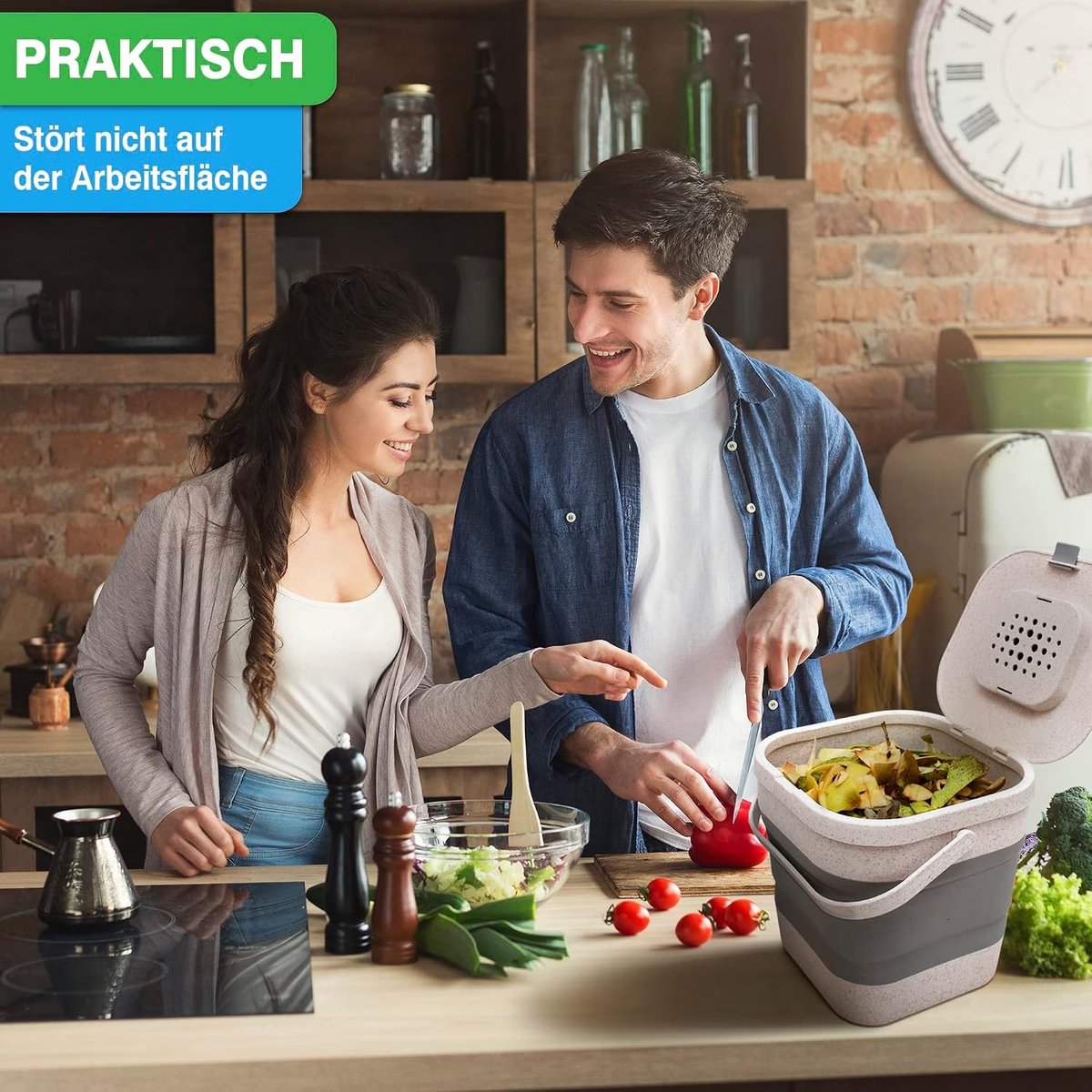 Compostemmer 5 liter - Grijs-wit - 4 Liter - Opvouwbare Bio-afvalemmer met Actief Koolfilter - Voor Keuken en Camping