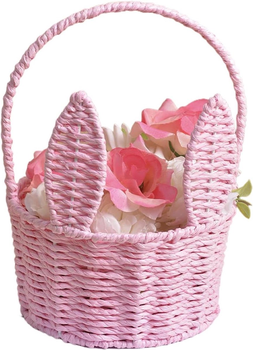 Woven Paasmand - Konijnenmand Decoratie - Paasdecoratie Huis - Handgemaakt Met Oortjes - 20x20x26cm - Roze