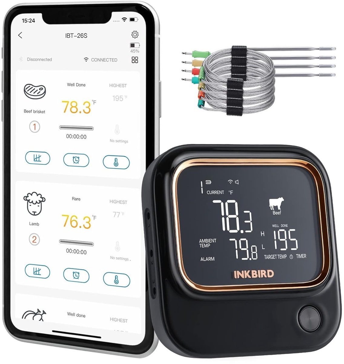 Draadloze vleesthermometer - Zwart - 4 Probes - Met Wifi en Bluetooth - Voor Barbecue en Oven