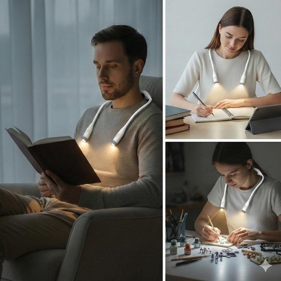 Oplaadbare leeslamp voor om de nek, LED-leeslamp, 3 kleurstanden en instelbare helderheid, flexibele handsfree lamp, perfect voor breien en knutselen, wit. — afbeelding 2