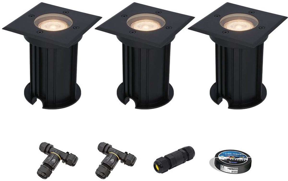 Set van 3 Ramsay LED Grondspots vierkant - Dimbaar - GU10 - 2700K warm wit - 4W 345lm - Tuinspot - Zwart - IP67 waterdicht - Overrijdbaar voor de Oprit, Tuin en Terras - Inclusief installatiemateriaal (Kabel & connector)