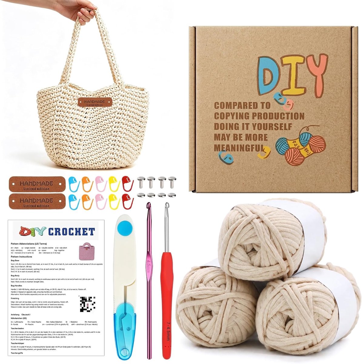 Haakset voor beginners - tas met haaknaald - 4 - 5 mm - 5 mm dikke wol om te haken - kleine handtas - opbergmand - manden - haakset - beige