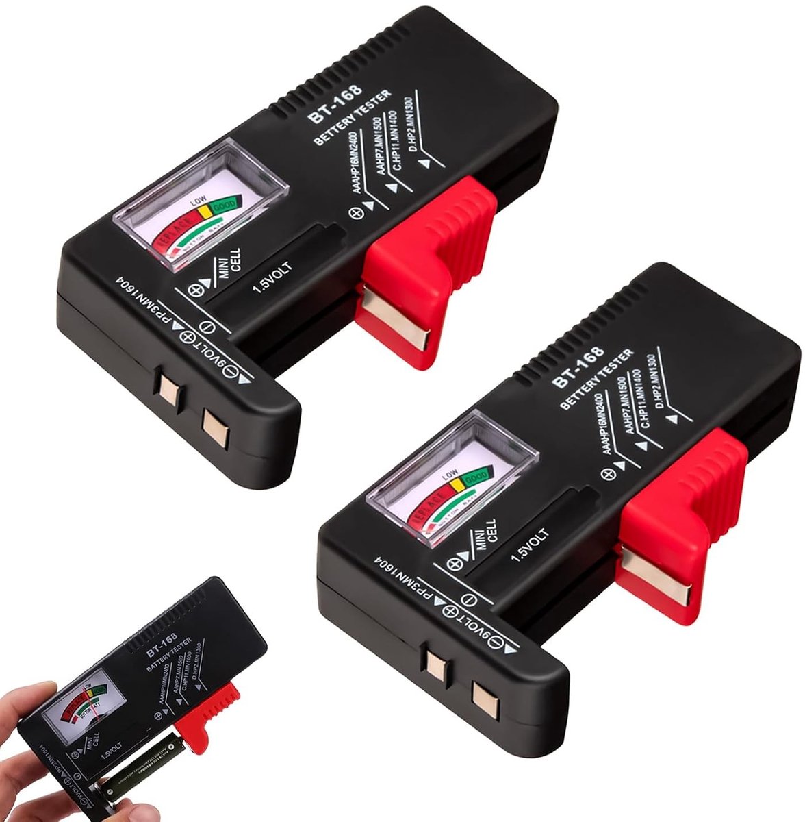 Batterijtester - Zwart - 11 x 6 x 2,5 cm - Compact Analoge Batterijtester voor AA, AAA, C, D, 9V en Knoopcellen