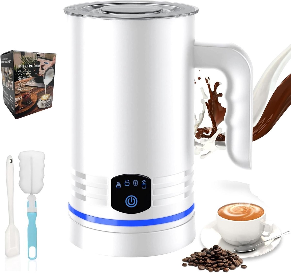 Elektrische Melkopschuimer - Wit - 430 ml - 4-in-1 Automatische Melkopschuimer - Voor Cappuccino en Warme Chocolademelk