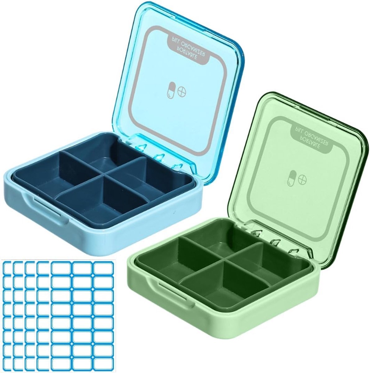 Tablettenbox met 4 vakken, mini pillendoos voor medicijnen en vitaminen, reisvriendelijk en met zelfklevend etiket, groen en blauw