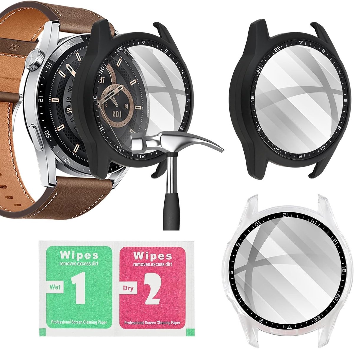 Praktische 3-delige set voor Huawei GT2 46 mm smartwatch met beschermcase, 9H PC beveiliging, 360° botsingsbescherming, touchscreen compatibel en waterdicht