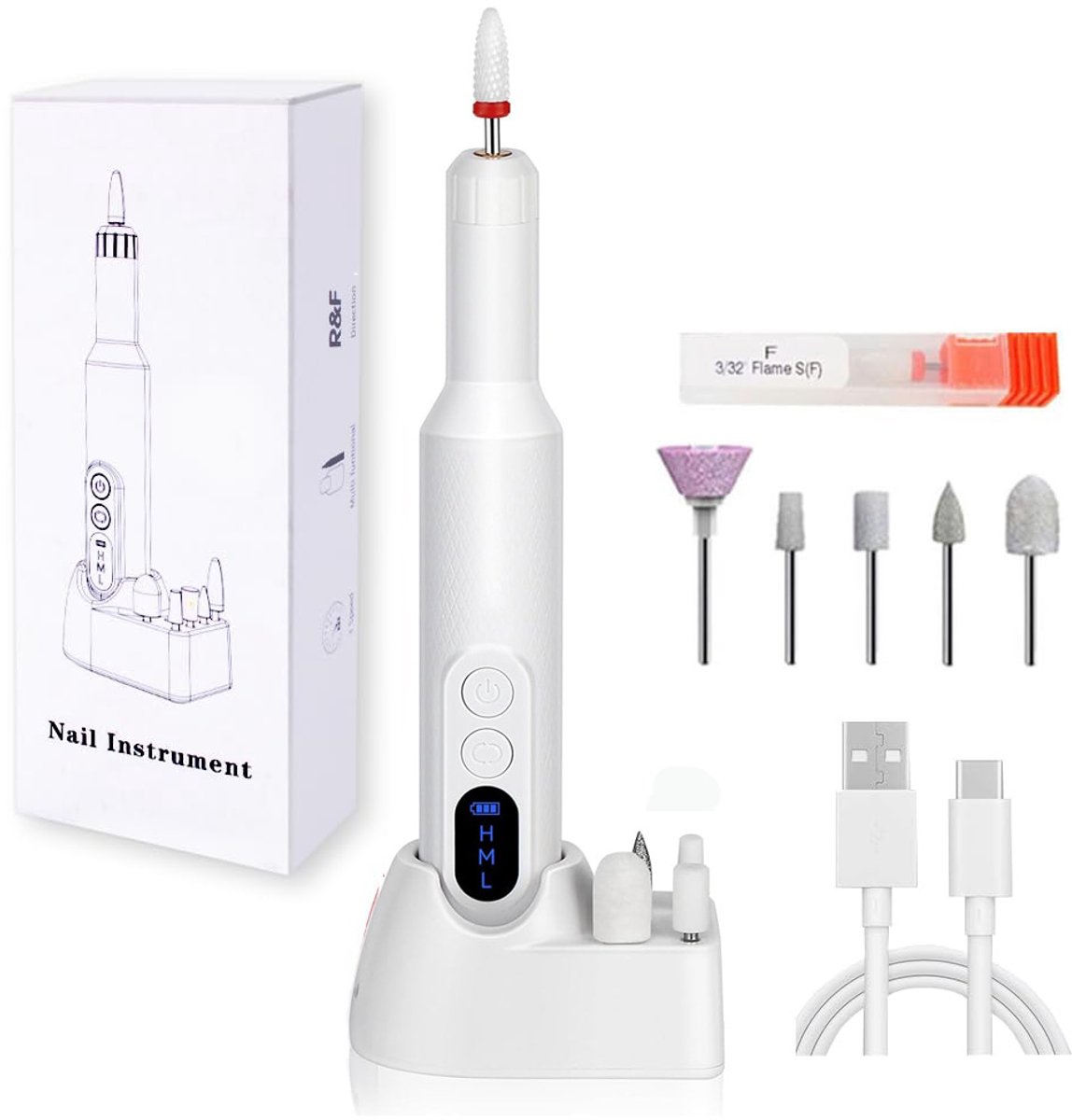 Nagelfrees – Elektrische nagelvijl – Manicure-instrument – ​​Nail-art-instrument- - Elektrische Nagelvijl - Nagelfrees -Manicure & Pedicure Set - M3 Wit (Standaardset: 6 freesbitjes)