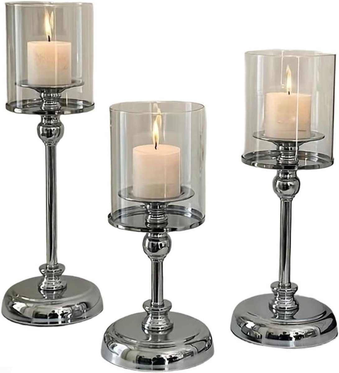 Glazen Kandelaars - Kaarshouders Set - Sfeerverlichting Creëren - Ijzeren Basis - 3 Maten - Zilver