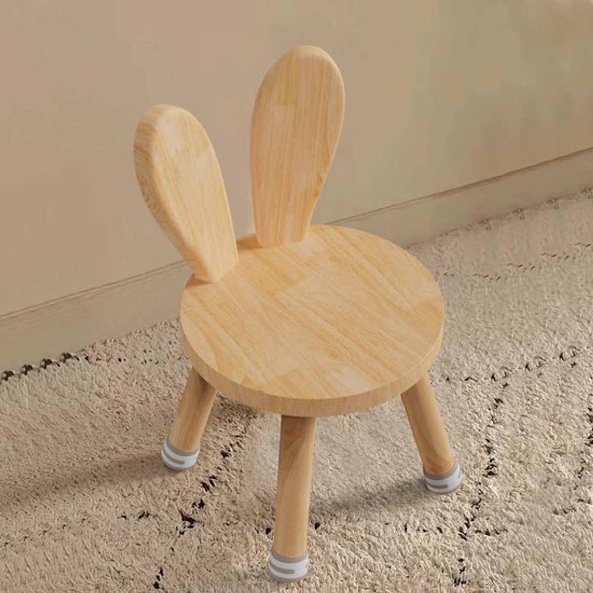 Kinderstoel Houten - Rugleuning met Haasoren - Antislip Rubberen Voetjes - Massief Hout - 45 x Ø 26 cm - Voor Kinderen vanaf 3 Jaar - Kindertafelstoel