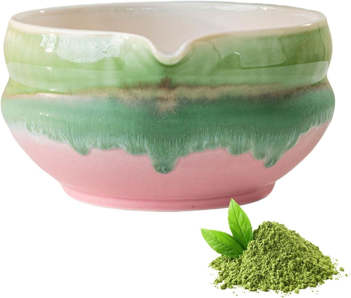 Matcha set - Roze/Groen - 550 ml - Handgemaakte Keramische Kom met Schenktuit - Voor Theeceremonie en Dagelijks Gebruik