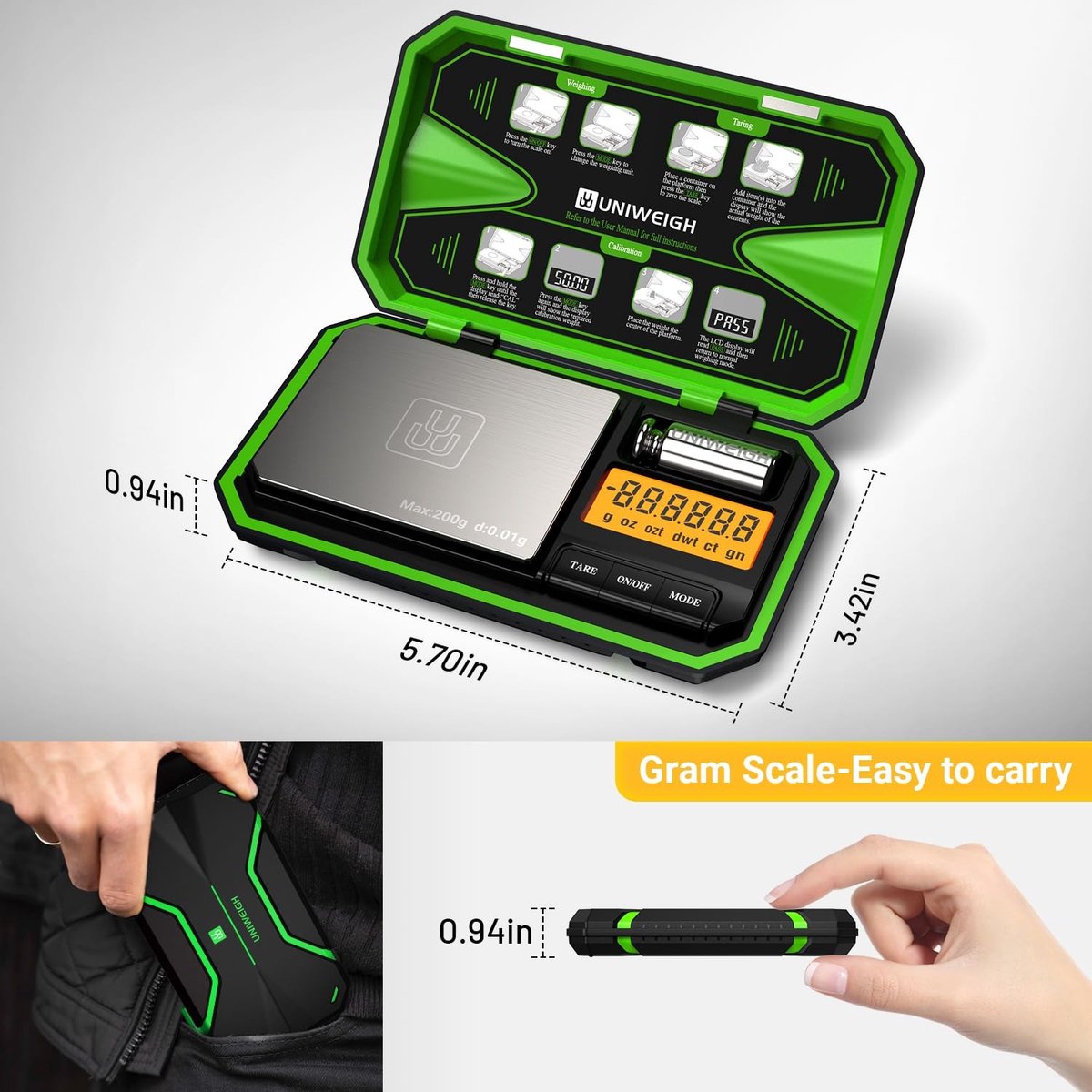 Microweegschaal - Heldergroen - Digitale Zakweegschaal 200g/0,01g - Compacte Mini Gramschaal voor Keuken en Sieraden
