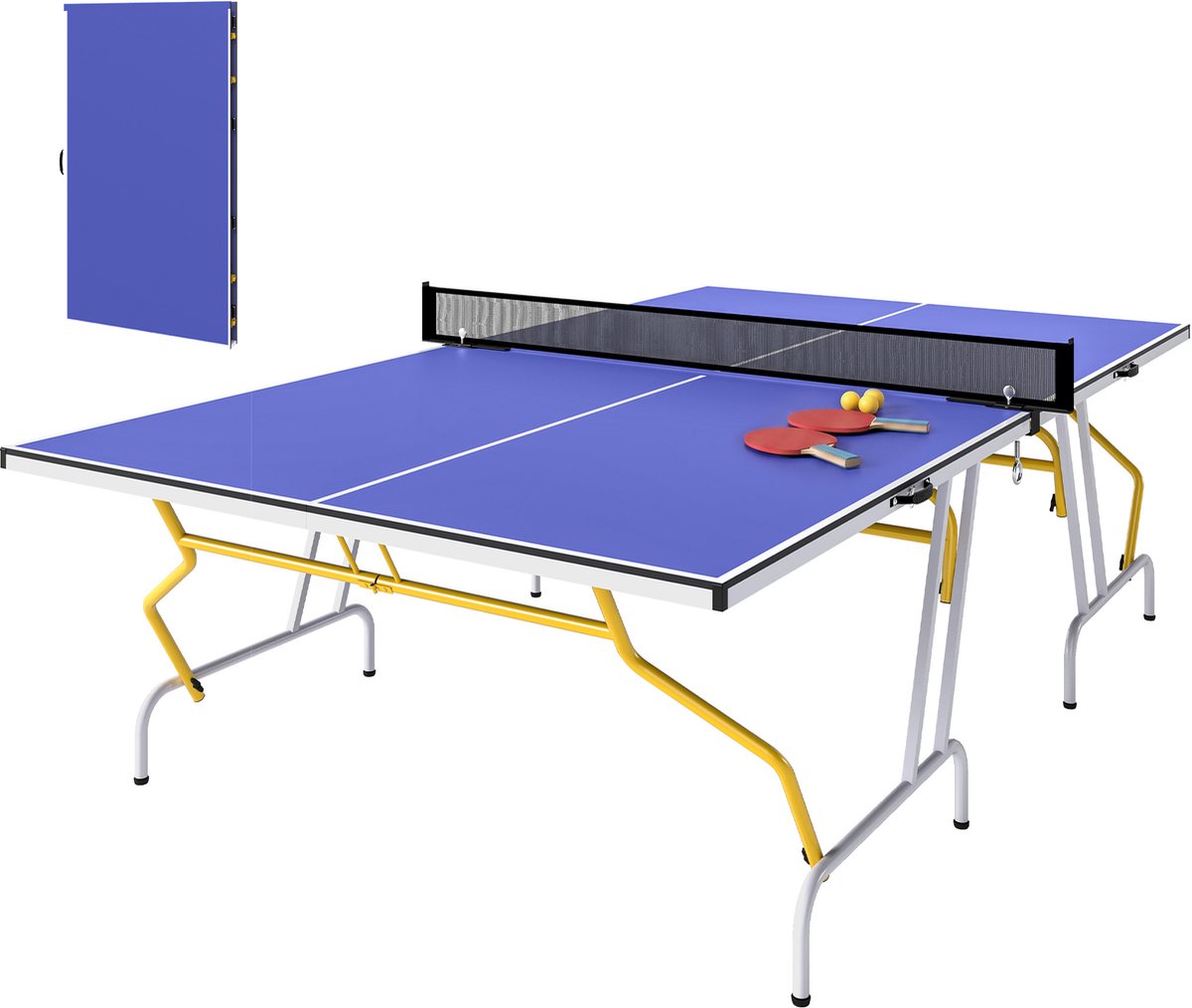 Opklapbare tafeltennistafel - inclusief 2 rackets - 3 ballen en net - geschikt voor binnengebruik - metalen frame - 274x152x76cm - blauw