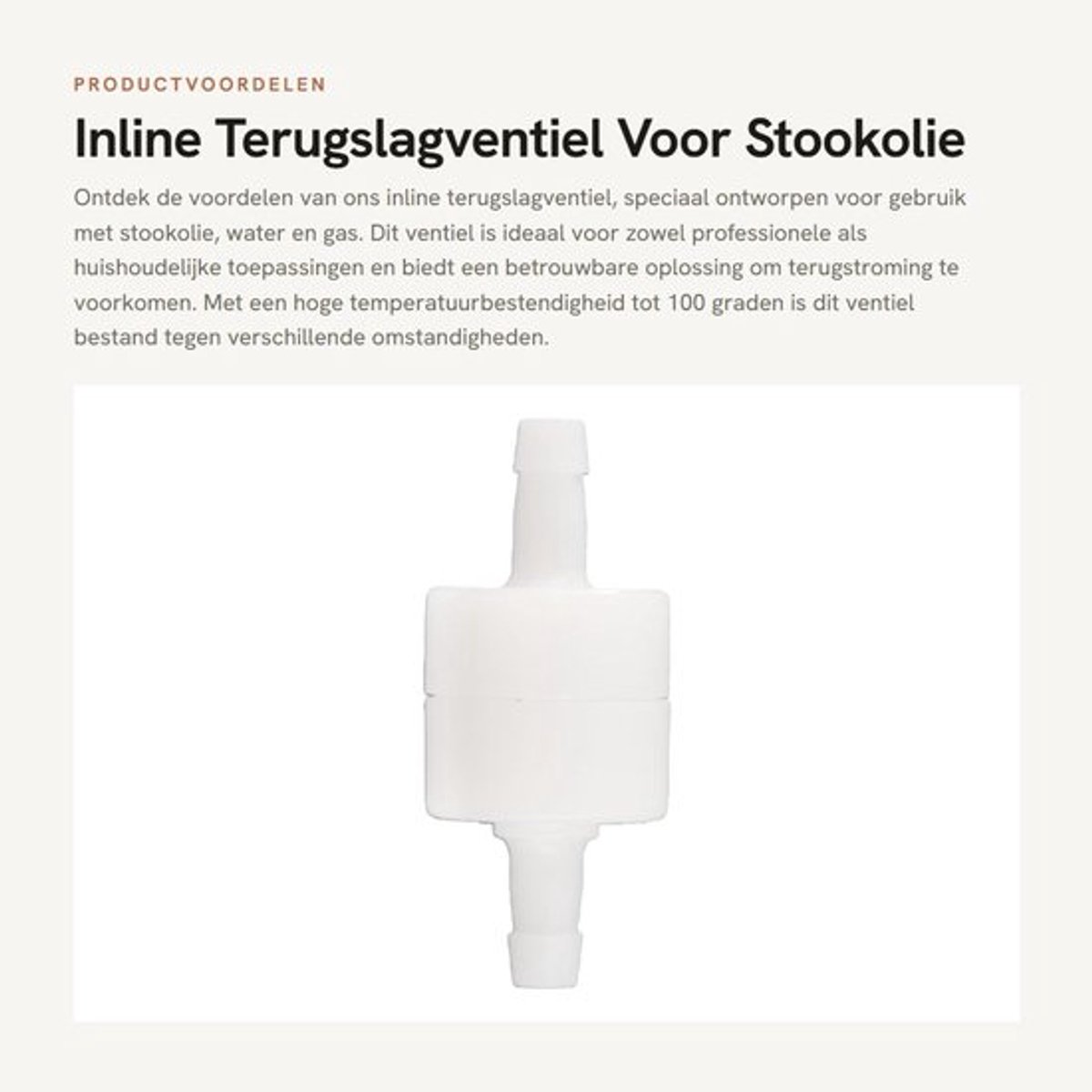Terugslagventiel hoge temperatuurbestendigheid - Inline - Slangmaat 6 mm - Voor water/gas/olie - Kunststof - Openingsdruk 0,015 MPA - Klep