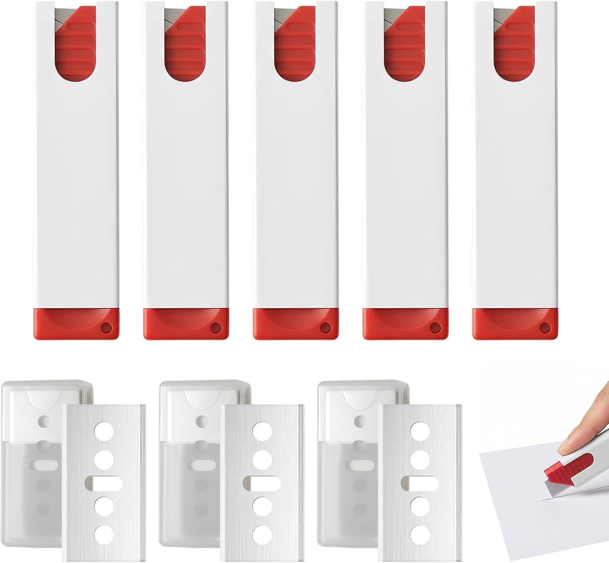 Cuttermes - Wit en Rood - 10 x 2,5 x 0,5 cm - Automatisch Terugtrekkend Mes met 30 Reservemesjes - Voor Kantoor en Thuis