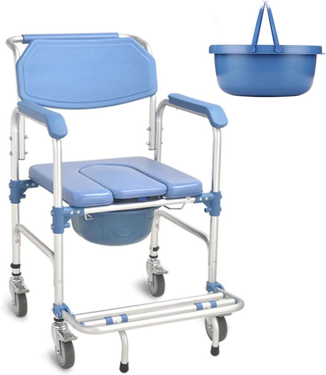Douchestoel met wielen - Commodesstoel Senioren - Veilig Douchen - 4-in-1 Multifunctioneel - 150 kg capaciteit - Blauw