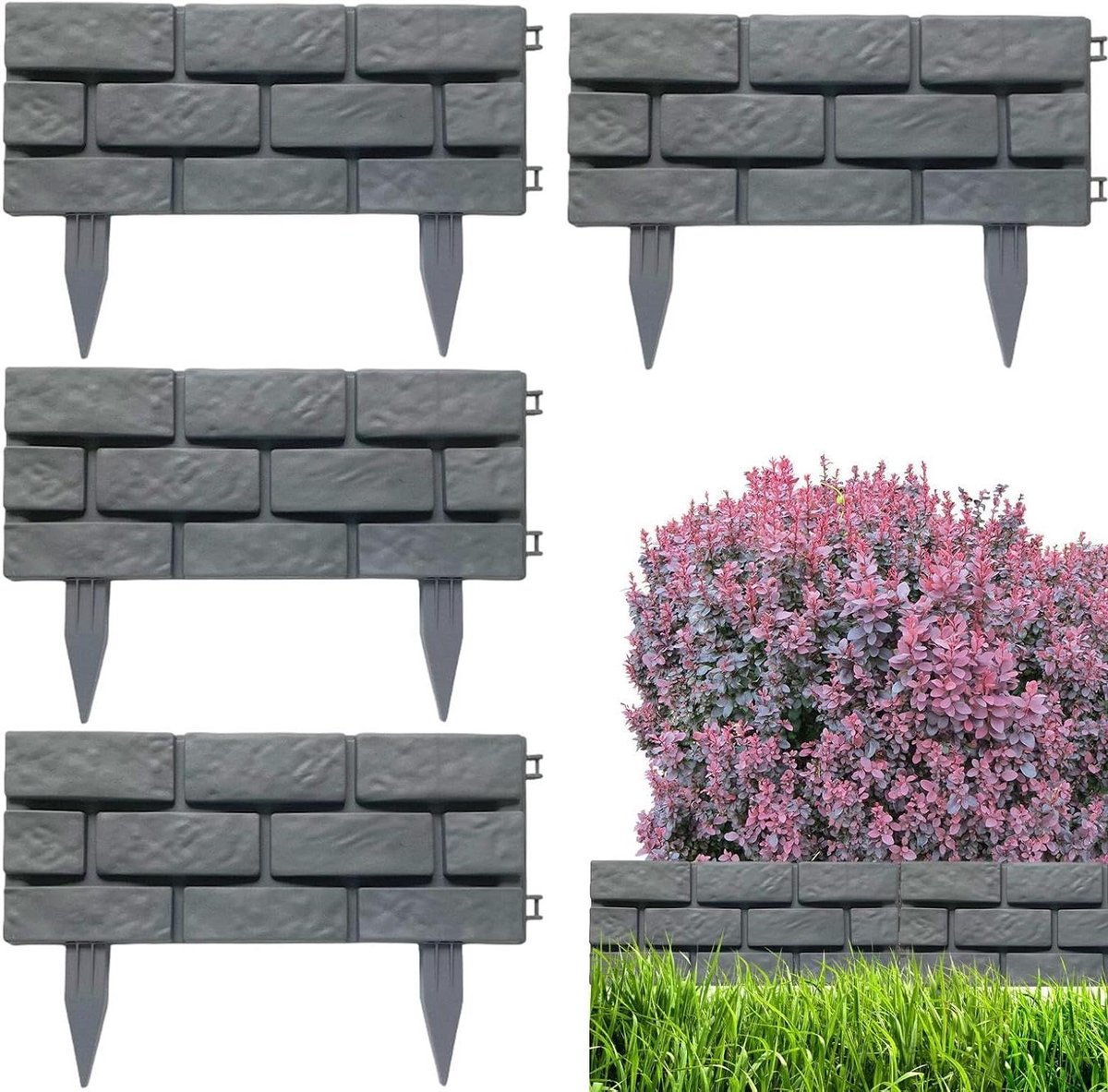 Tuinomheining Set - Bloembed Afrastering - Buitenruimte Afbakenen - Afneembare Steenlook - 4 Stuks - Grijs