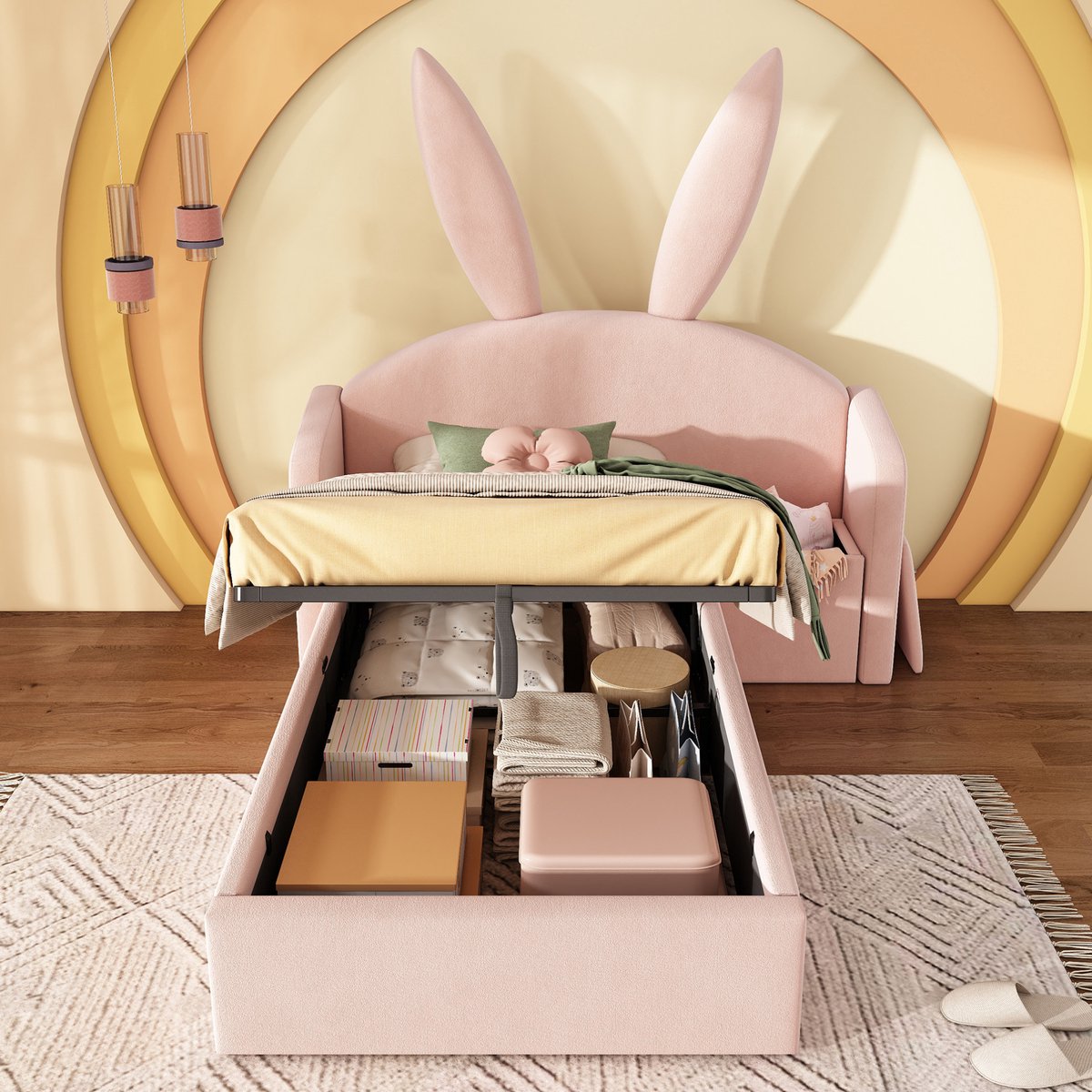 Wishdor Kinderbed - 90x190 cm - Stauraum en nachttafel - Konijnenoren design - Samt - Roze - 206x149x143 cm
