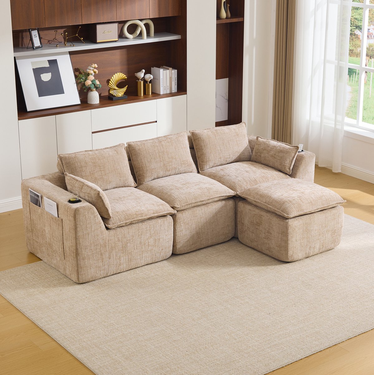 Wishdor Modulaire hoekbank 3-zits met voetenbank - Kussens, bekerhouder en zijvakken - chenille - kaki - 256 x 161 x 75 cm
