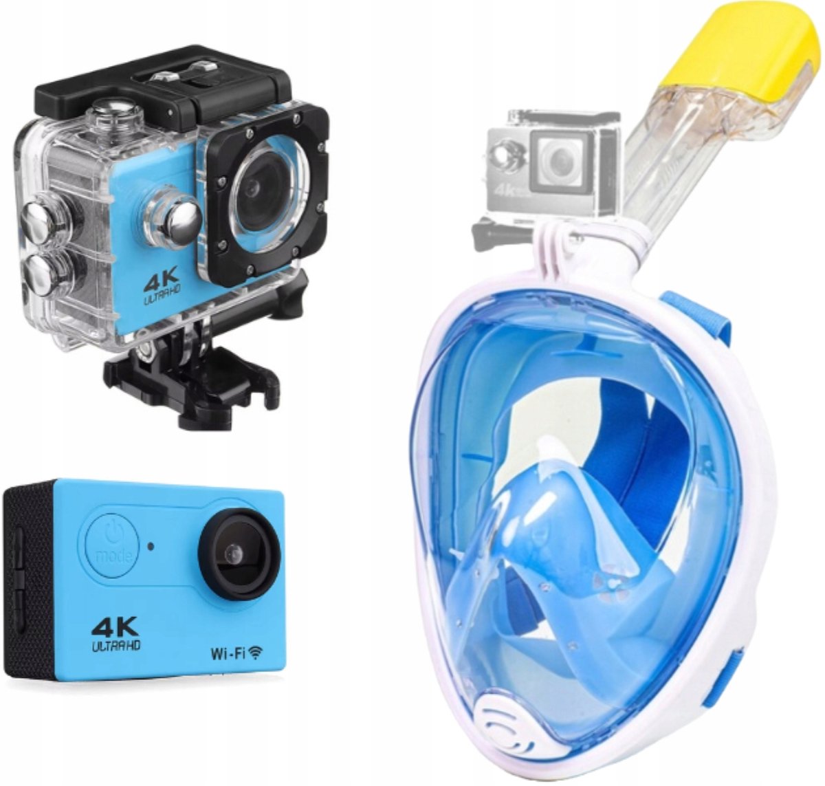 Volledig Gezicht Duikmasker S/M met 4K Camera - Blauw