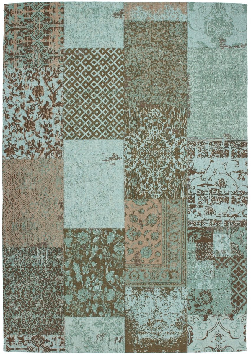 Padiro laagpolig vloerkleed 80 x 150 cm - turkoois - geometrisch ruit- en blokpatroon - patchwork - geschikt voor vloerverwarming - van katoen