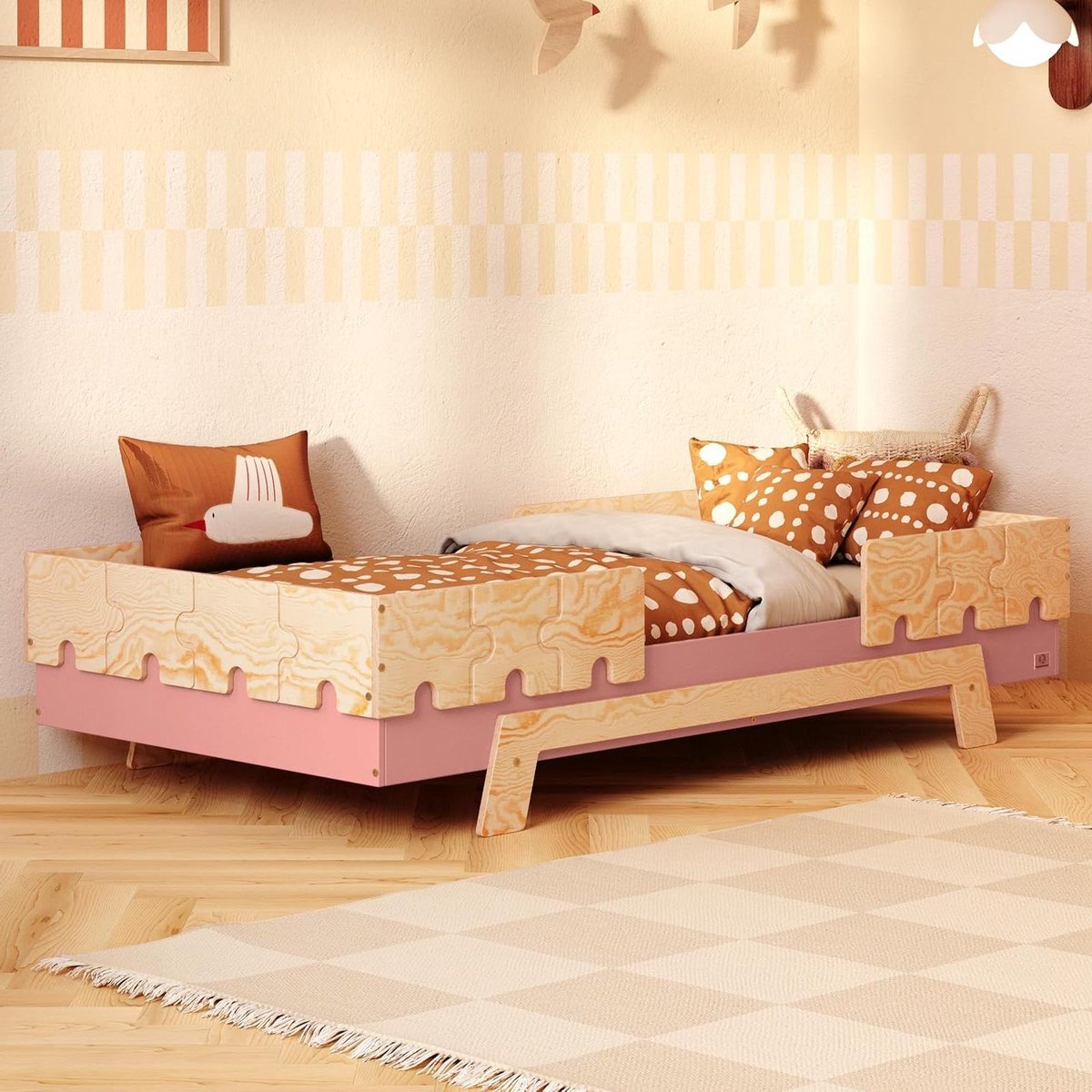 Kinderbed 70x160 cm - Montessori bed Vloerbed - Veilig Slapen - 6-in-1 Configuratie - 76 x 166 cm - Roze