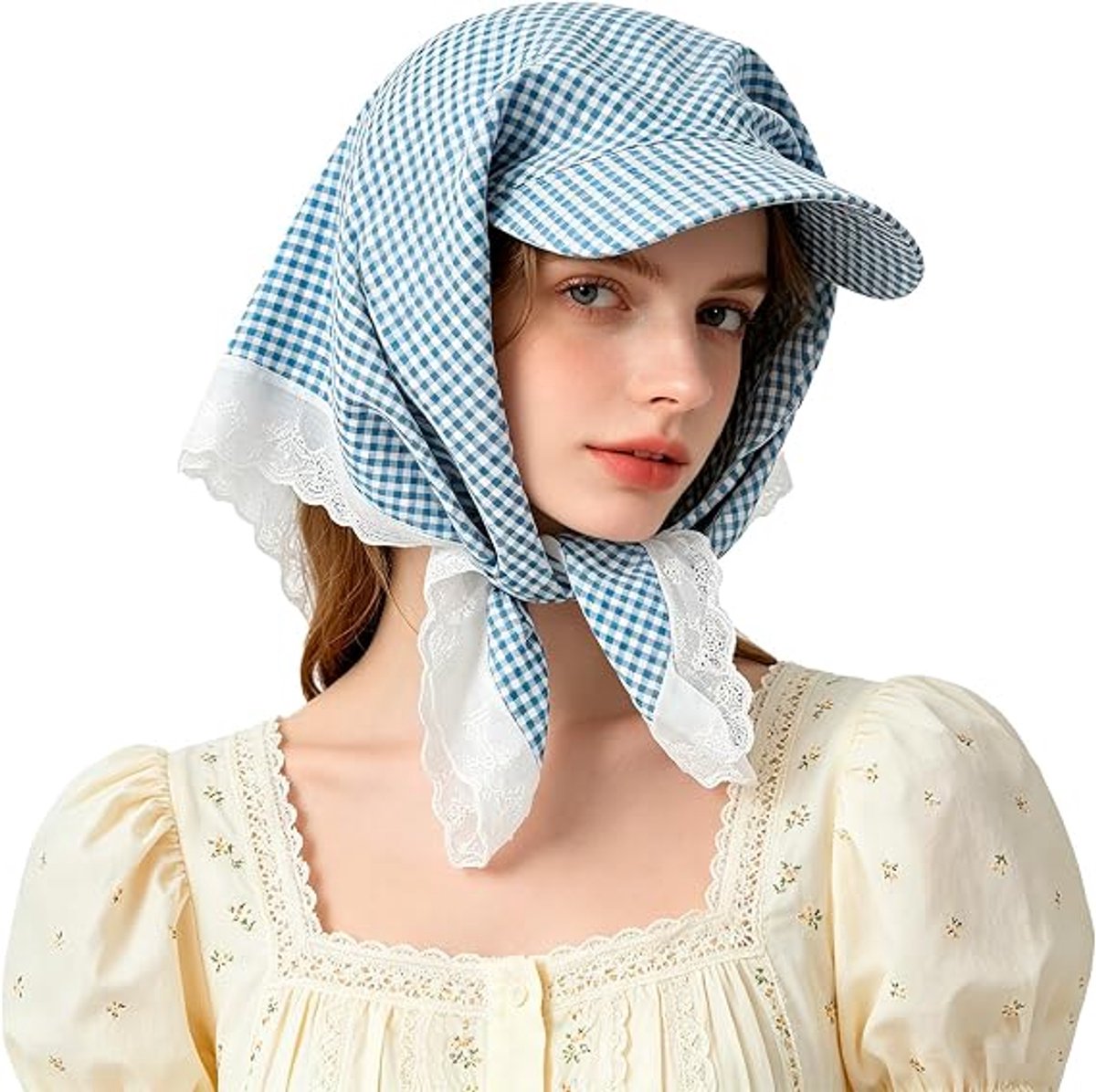 Ulisem - Zonnehoed Dames - Zonneklep met Hoofddoek - Geruite Zonnekap met Nekbedekking - Opvouwbare Dames Hoed met Kanten Rand - Strand & Outdoor - Blauw