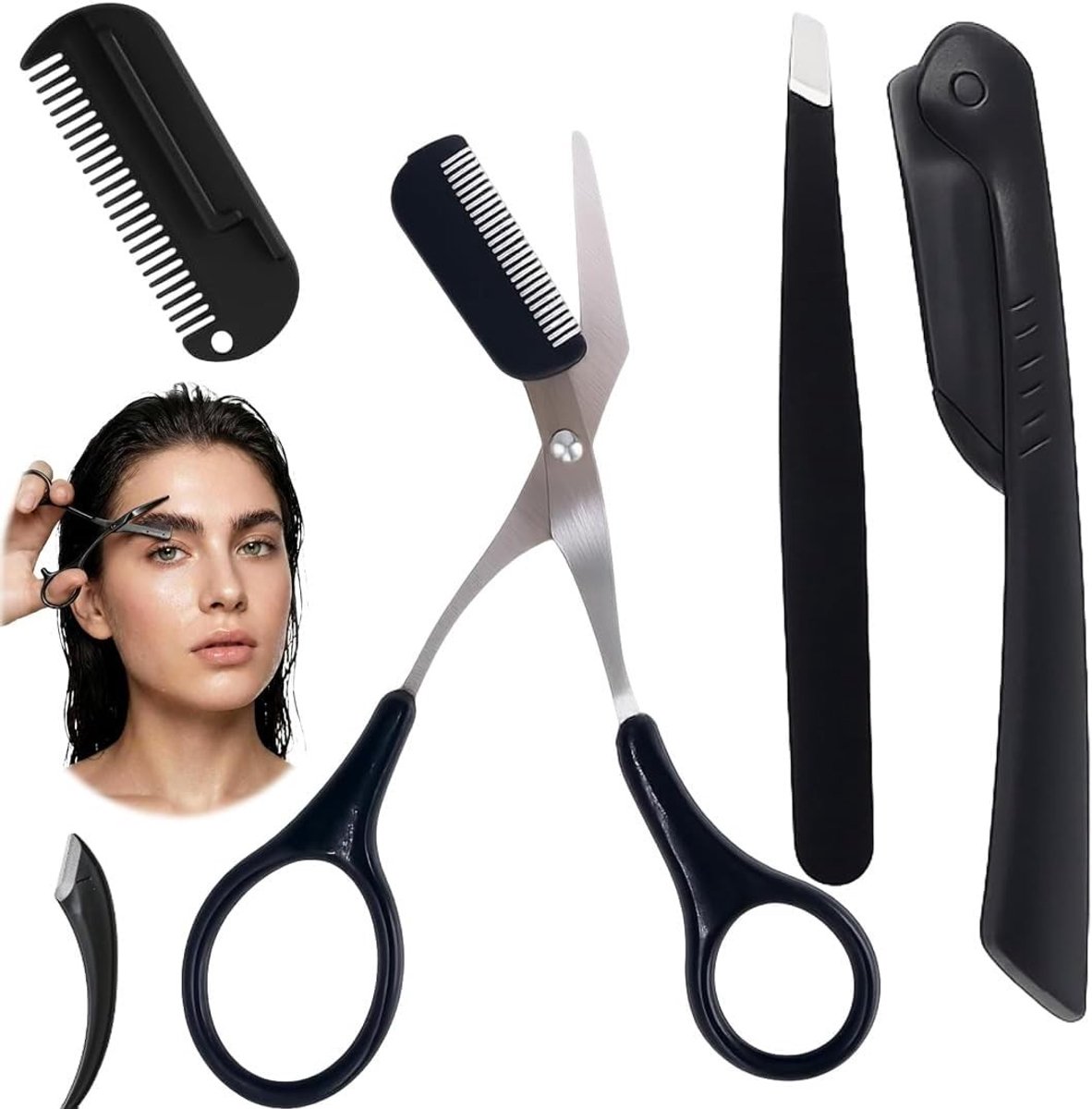 Complete 4-delige set voor het trimmen van wenkbrauwen, inclusief schaar, kam en precisietrimmer voor mannen en vrouwen, ideaal voor een perfecte wenkbrauwvorm en verzorging