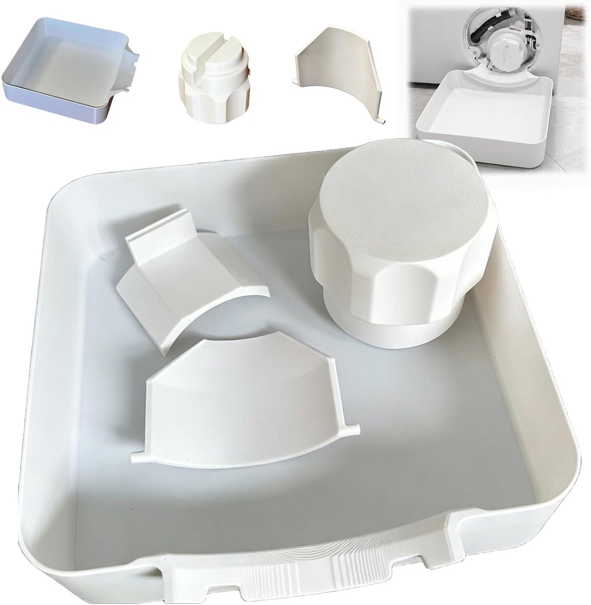 Bobypet - Wasmachine afvoerbak - Universele afvoergeleider met dekselopener - 4-delige set - Voor kelder, appartement, stacaravan en garage - 17,8 x 17,8 x 5 cm - Wit