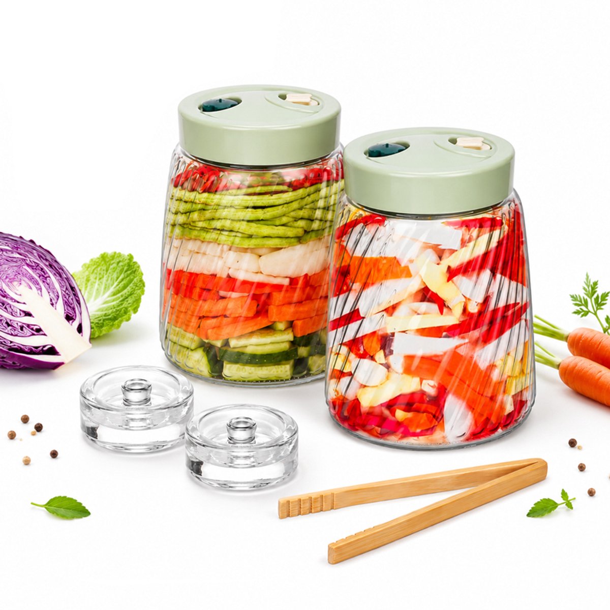 Bobypet - Fermentatiepot - Inmaakpot en bewaarpot - 1400 ml - Met 2 ventilatieopeningen en clip - Voor kefir, zuurkool, zuurdesem en havermout - Fermentatiepottenset - 12*12*16cm - Groente