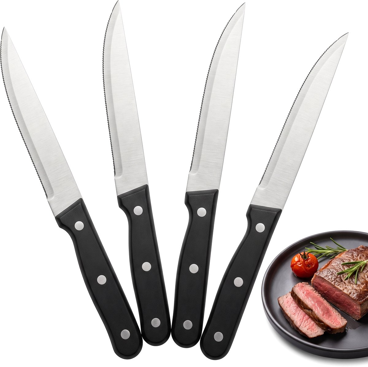 Cheqo® Steakmessen Set van 4 - Steakmes - Messenset met Gekarteld Lemmet - Kartelmessen - Tafelmessen - Vleesmessen - Vleesmes - BBQ Messen - Barbecue Messen - Steakmessenset - Scherpe Messen - Vaatwasserbestendig - Pizzames - Roestvrij Staal