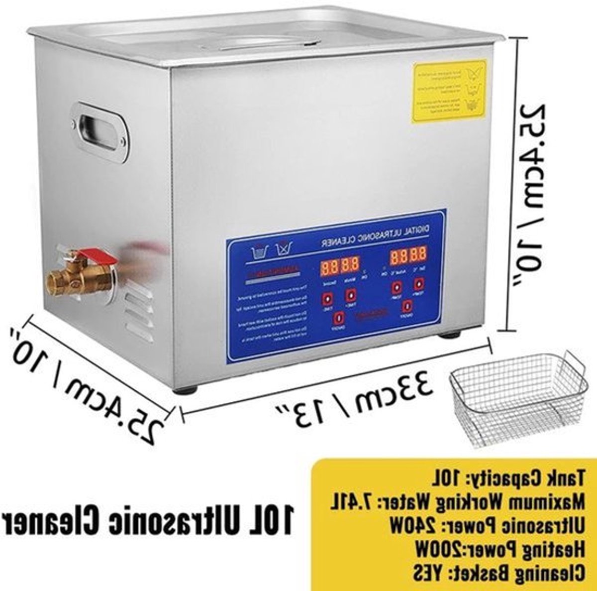 Ultrasoon Reiniger - Reinigingsapparaat voor Brillen - Reinigingsmachine - 10L met Digitaal Display en Verwarming – RVS Reinigingsapparaat voor Thuis en Professioneel Gebruik