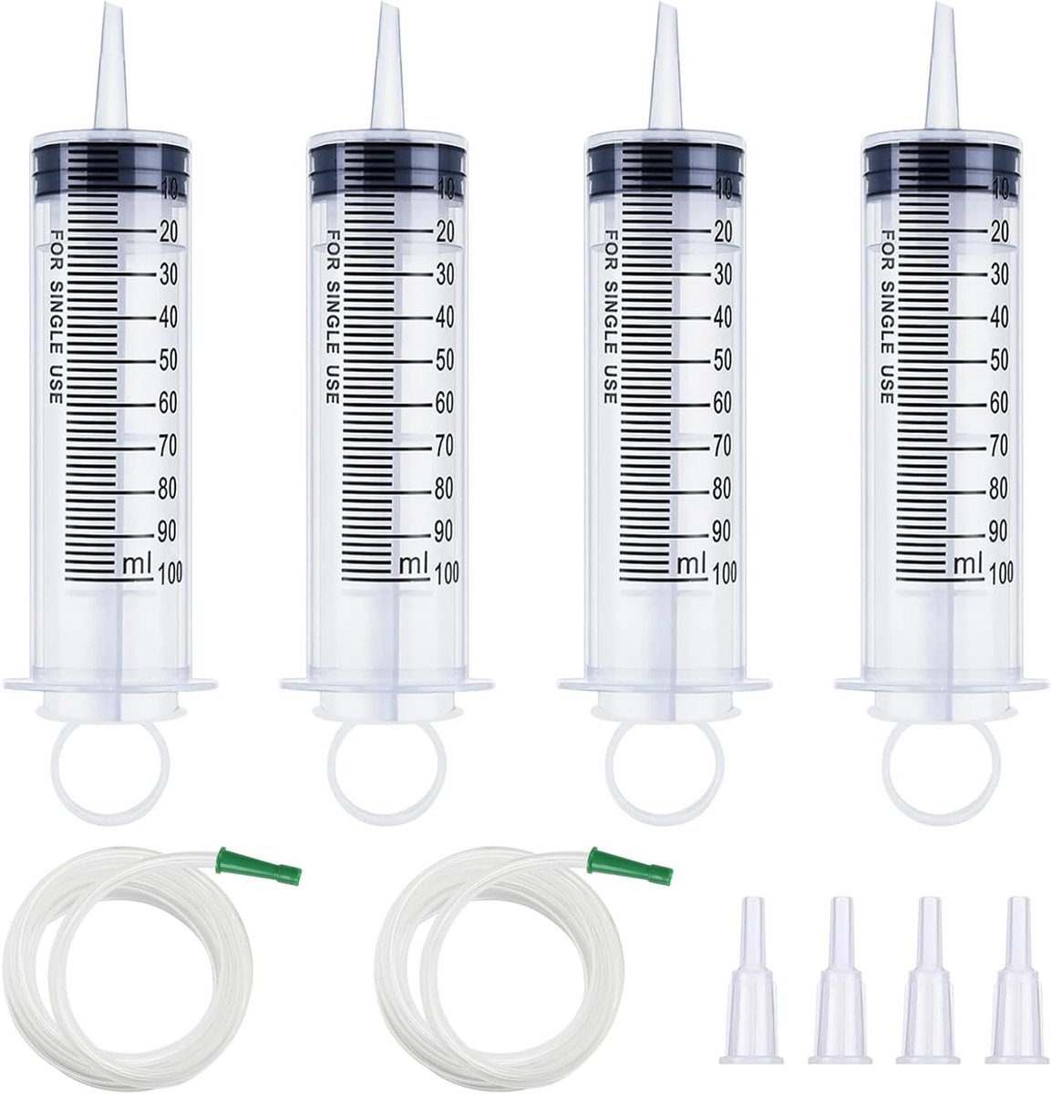 Set van 4 herbruikbare plastic spuiten van 100ML met doppen voor vloeistoffen, ideaal voor dierenvoeding en plantbewatering