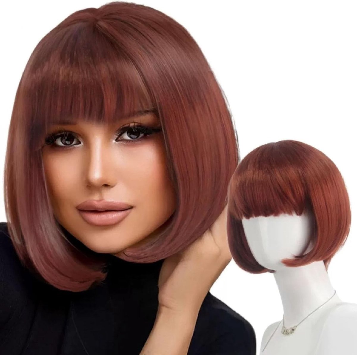Korte Bruine Rechte Peruk voor Vrouwen met Pony voor Carnaval, Cosplay en Feestjes